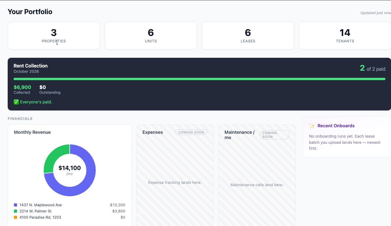 Portfolio control center — properties, units, rent collection, revenue